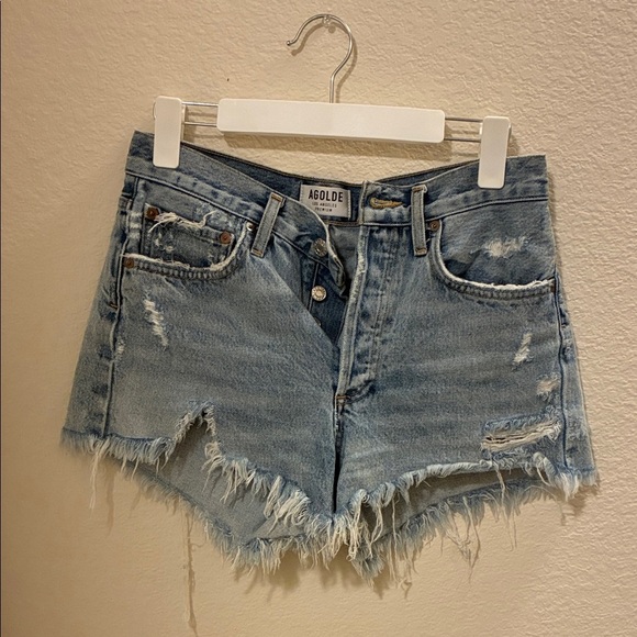 Agolde Sky Blue Ripped Jean Shorts - Picture 2 of 5